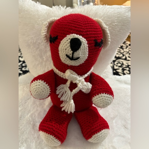 Handmade Crocheted Knit Vintage Red Teddy Bear White Scarf Nursery Decor Baby - Picture 2 of 8